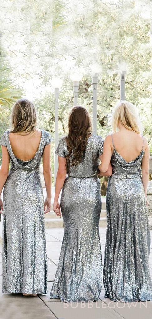 Column/Sheath Silver Grey Sequin Long Bridesmaid Dresses , BN1038