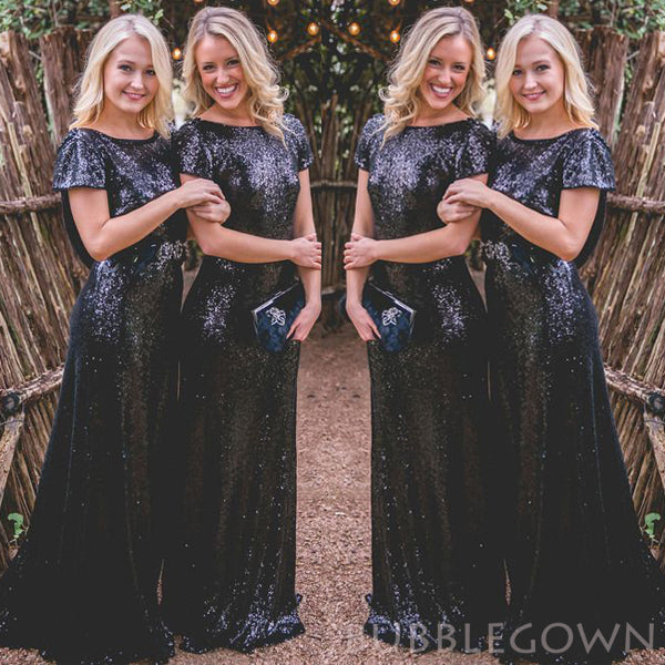 Black Sequin Column/Sheath Long Bridesmaid Dresses , BN1039