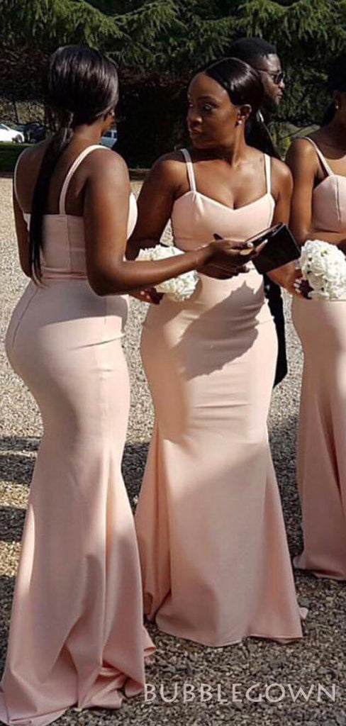 Spaghetti Straps Pink Satin Mermaid Long Sweetheart Bridesmaid Dresses , BN1045