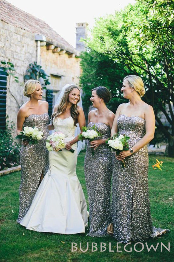 Column Silver Grey Sequin Strapless Long Bridesmaid Dresses , BN1048