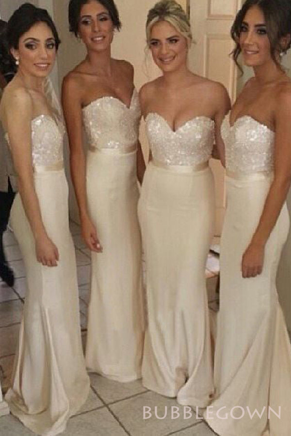 Mermaid Light Champagne Satin Beaded Long Strapless Bridesmaid Dresses , BN1056