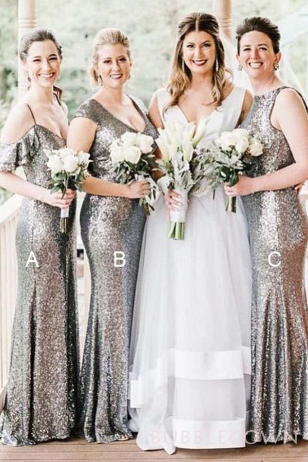 Grey Sequin Long Mermaid Bridesmaid Dresses , BN1063