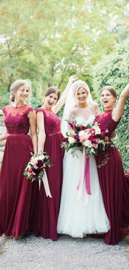 A-line Burgundy Chiffon Elegant Cheap Floor Length Appliques Long Bridesmaid Dresses , BN1066