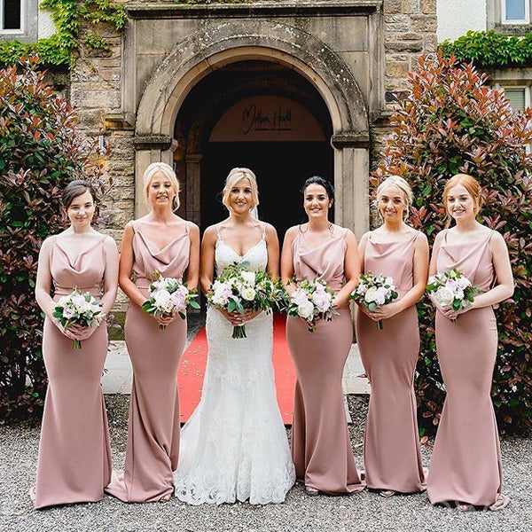 Spaghetti Straps Dusty Pink Satin Cowl Neck Long Mermaid Bridesmaid Dresses , BN1073