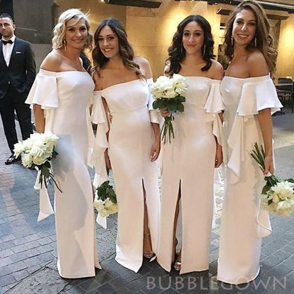 Off Shoulder Column White Satin Mermaid Long Bridesmaid Dresses , BN1077