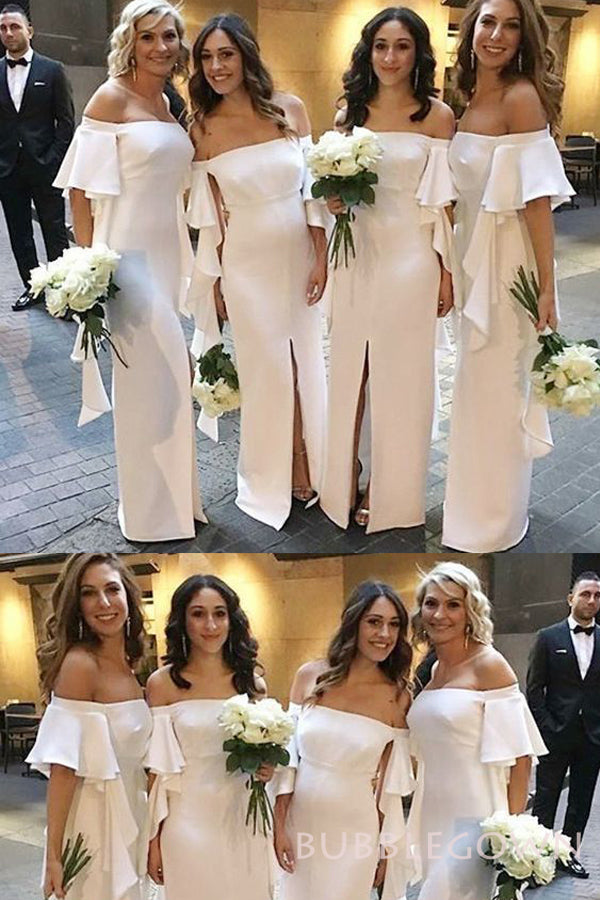 Off Shoulder Column White Satin Mermaid Long Bridesmaid Dresses , BN1077