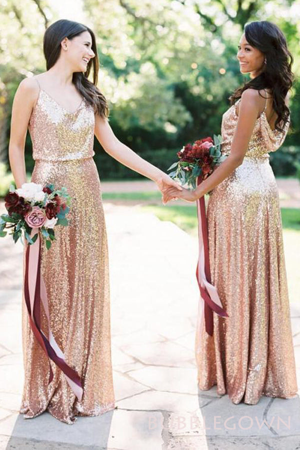 Column/Sheath Gold Sequin Spaghetti Straps Long Bridesmaid Dresses , BN1079