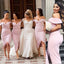 Off Shoulder Pink Satin Long Mermaid Bridesmaid Dresses , BN1080