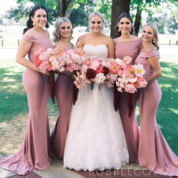 Dusty Pink Satin Off Shoulder Long Mermaid Bridesmaid Dresses , BN1082