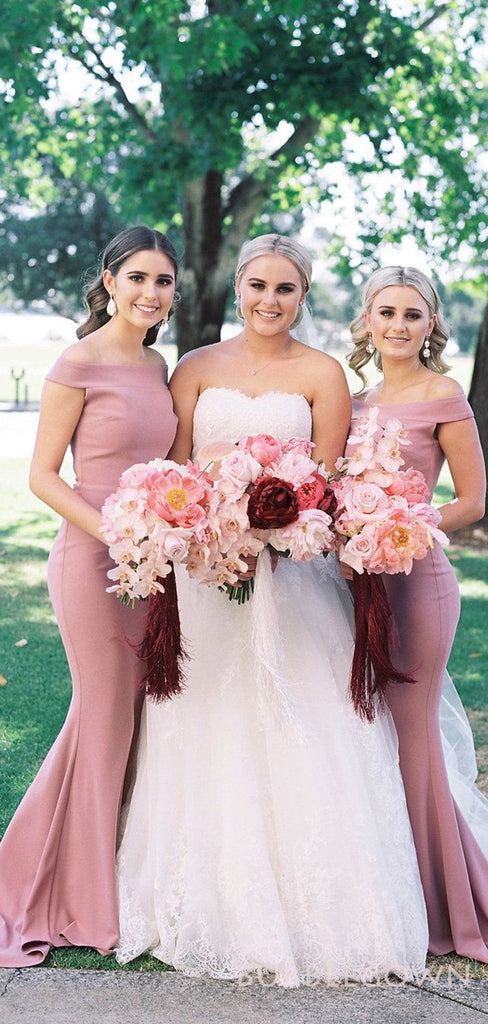 Dusty Pink Satin Off Shoulder Long Mermaid Bridesmaid Dresses , BN1082