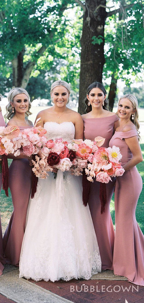 Dusty Pink Satin Off Shoulder Long Mermaid Bridesmaid Dresses , BN1082