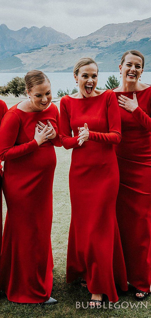 Long Sleeves Red Satin Long Mermaid Bridesmaid Dresses , BN1086