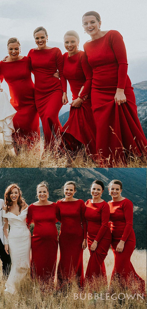 Long Sleeves Red Satin Long Mermaid Bridesmaid Dresses , BN1086