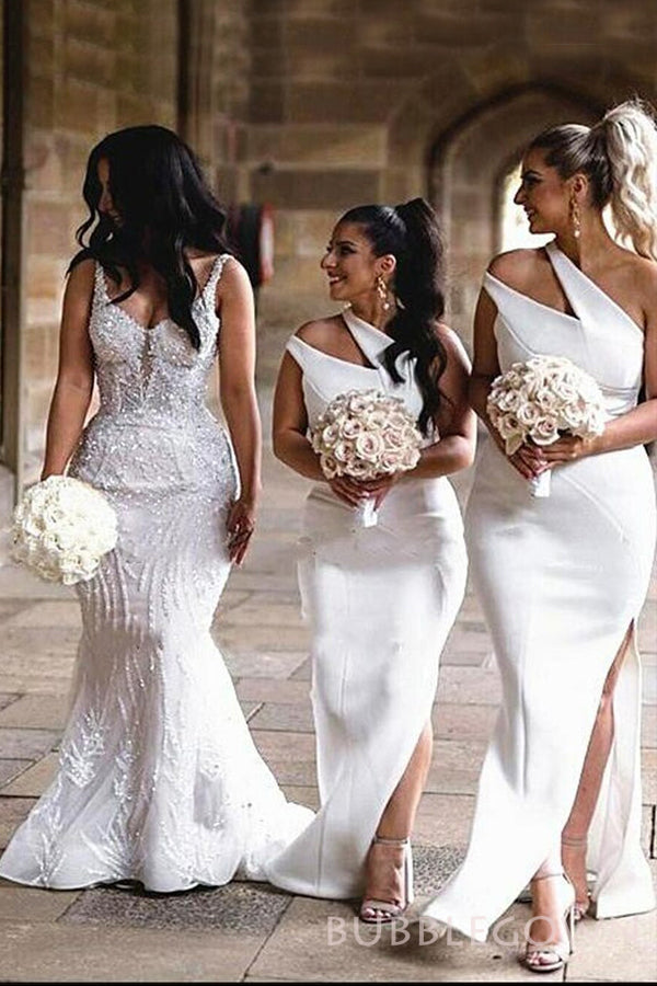 Mermaid White Satin One Shoulder Long Bridesmaid Dresses , BN1087