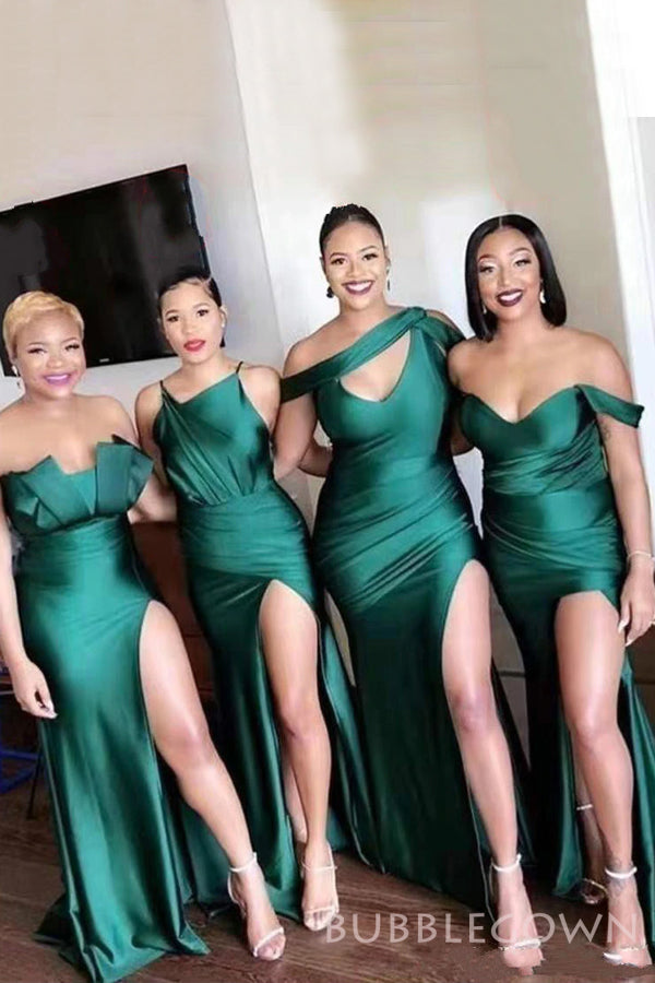 Emerald Satin Side Slit Long Mermaid Bridesmaid Dresses , BN1088