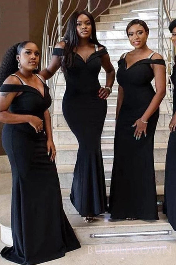 Off Shoulder Black Satin Spaghetti Straps Long Mermaid Bridesmaid Dresses , BN1094