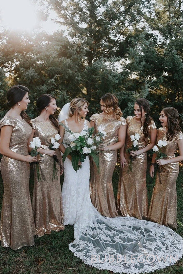 Gold Sequin Bateau Long Mermaid Bridesmaid Dresses , BN1099