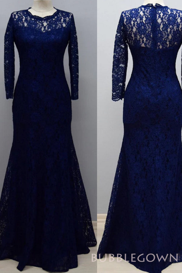 Long Sleeves Navy Blue Lace Long Mermaid Bridesmaid Dresses , BN1103