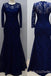 Long Sleeves Navy Blue Lace Long Mermaid Bridesmaid Dresses , BN1103