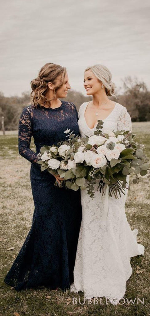 Long Sleeves Navy Blue Lace Long Mermaid Bridesmaid Dresses , BN1103