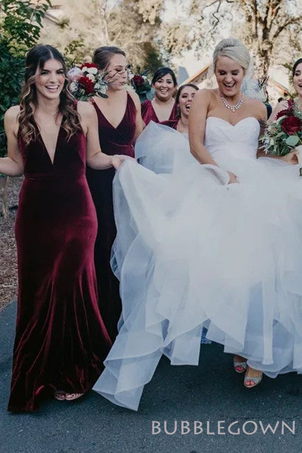 Burgundy Velvet V-neck Long Bridesmaid Dresses, BN1105