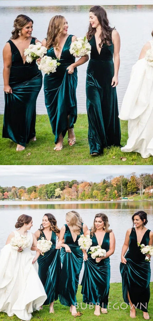 Dark Green Velvet Long V-neck Bridesmaid Dresses, BN1106