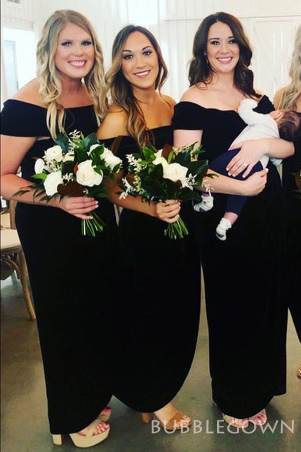 Off Shoulder Black Velvet Long Bridesmaid Dresses, BN1107