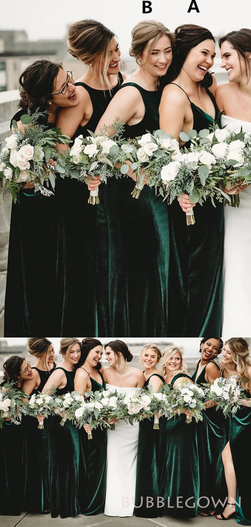 Column Spaghetti Straps Dark Green Velvet Long Bridesmaid Dresses, BN1109