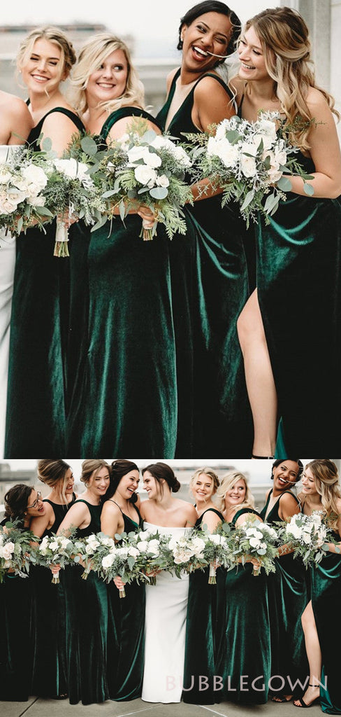 Column Spaghetti Straps Dark Green Velvet Long Bridesmaid Dresses, BN1109