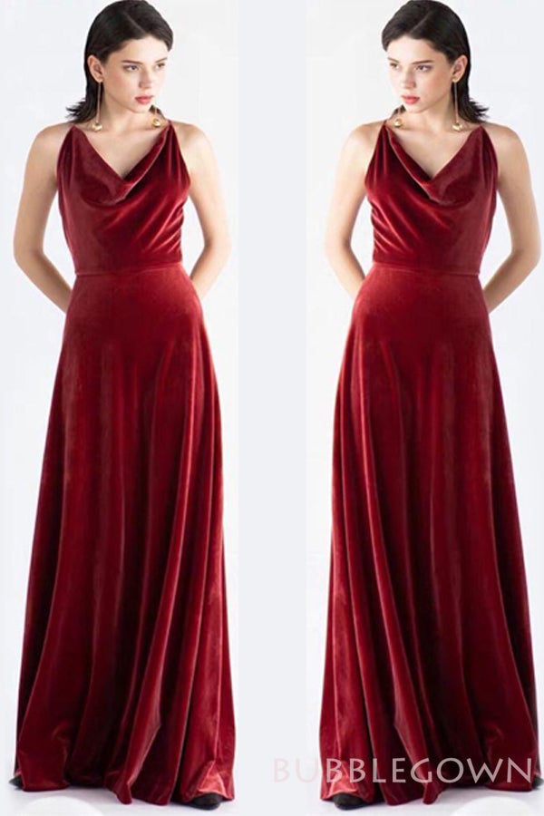 Spaghetti Straps Sheath/Column Velvet Cowl Neck Long Bridesmaid Dresses, BN1112