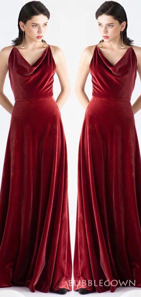 Spaghetti Straps Sheath/Column Velvet Cowl Neck Long Bridesmaid Dresses, BN1112