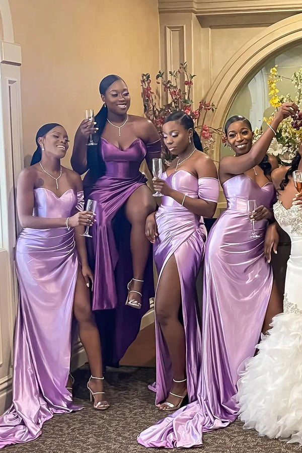 One Shoulder Short Sleeve Lilac Satin Side Slit Long Custom Bridesmaid Dresses , BN1295