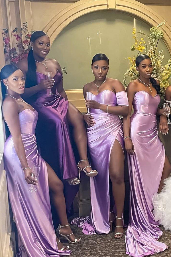 One Shoulder Short Sleeve Lilac Satin Side Slit Long Custom Bridesmaid Dresses , BN1295