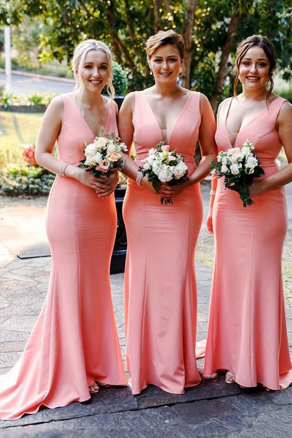 Simple Mermaid V-neck Long Custom Bridesmaid Dresses , BN1297