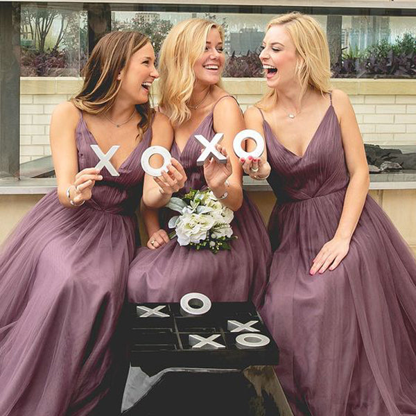 A-line Dusty Purple Tulle Spaghetti Straps Long Custom Bridesmaid Dresses , BN1304