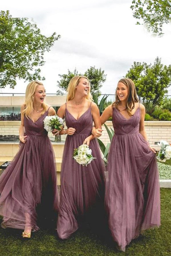 A-line Dusty Purple Tulle Spaghetti Straps Long Custom Bridesmaid Dresses , BN1304