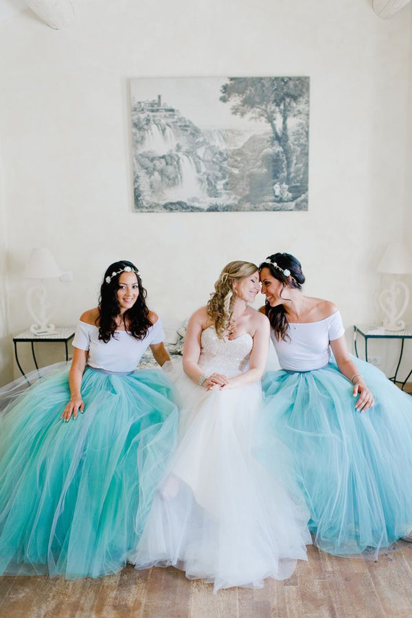 A-line Two Pieces Tulle Long Custom Bridesmaid Dresses , BN1307