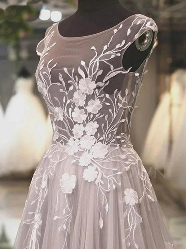 A-Line Lace Long Prom Dresses, Grey Lace Formal Evening Prom Dresses, MR7046