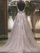 A-Line Lace Long Prom Dresses, Grey Lace Formal Evening Prom Dresses, MR7046