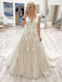 A-line Champagne Lace Long Evening Prom Dresses, Cheap Wedding dresses, MR7054