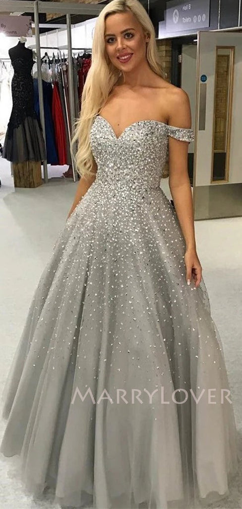 Off Shoulder Beaded Long Custom Evening Prom Dresses, Cheap Sweet Dresses, MR7067