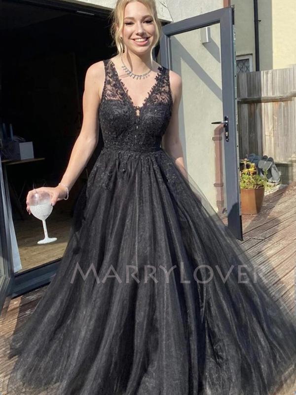 Sexy V-neck Tulle Floor Length A-line Black Long Evening Prom Dresses, MR7081