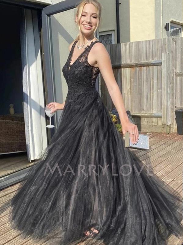 Sexy V-neck Tulle Floor Length A-line Black Long Evening Prom Dresses, MR7081