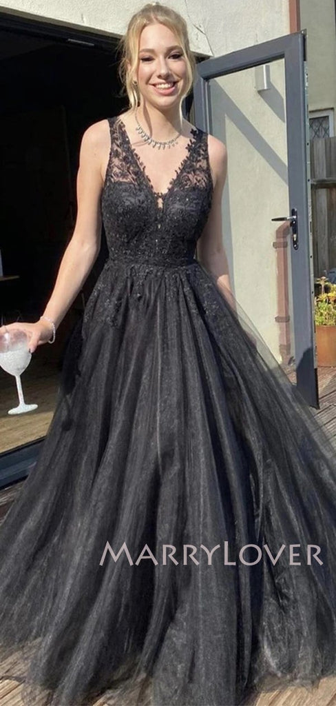 Sexy V-neck Tulle Floor Length A-line Black Long Evening Prom Dresses, MR7081