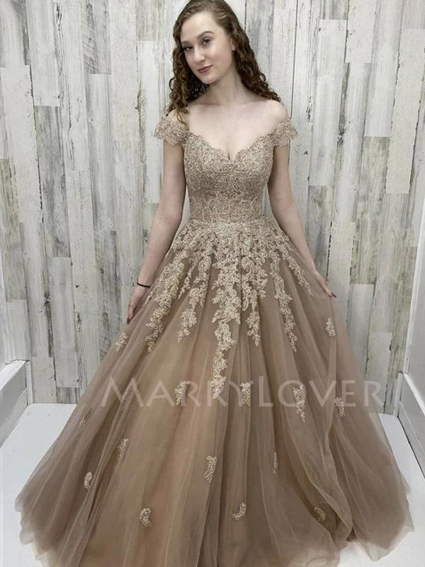 Off Shoulder Lace Embroidery V-neck Tulle A-line Long Evening Prom Dresses, MR7086