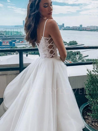 A-Line Long White Lace Evening Prom Dresses, Cheap Custom Wedding Dresses, MR7097