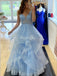 V Neck A-Line Blue Long Evening Prom Dresses, Cheap Sweet Prom dresses, MR7115