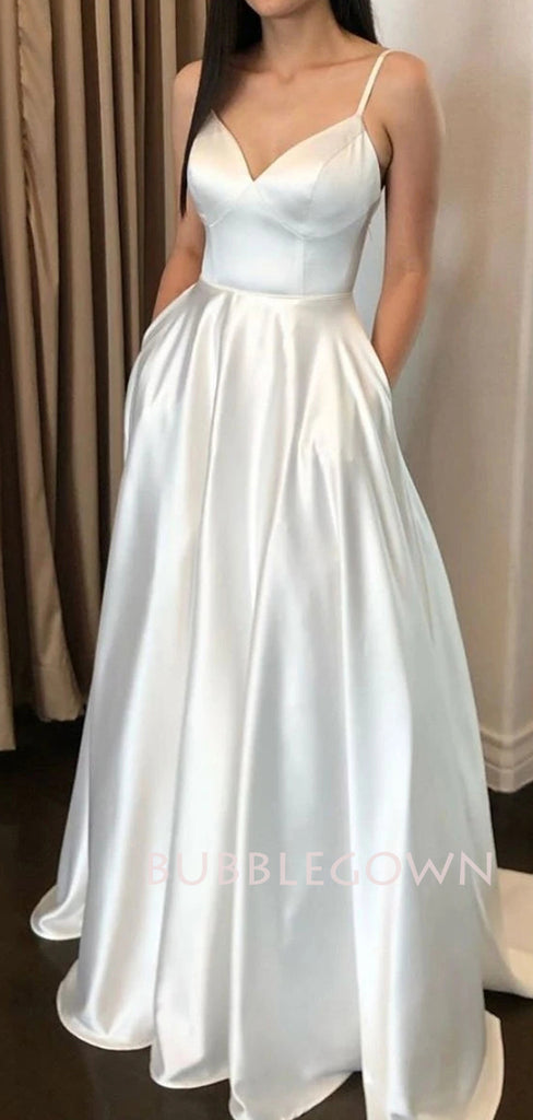 Sex A-Line Satin V Neckline Long White Backless Evening Prom Dresses, Long Party prom dresses, MR7128