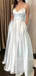 Sex A-Line Satin V Neckline Long White Backless Evening Prom Dresses, Long Party prom dresses, MR7128