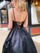 A-Line Satin V Neckline Long Black Evening Prom Dresses, Cheap Custom prom dresses, MR7129